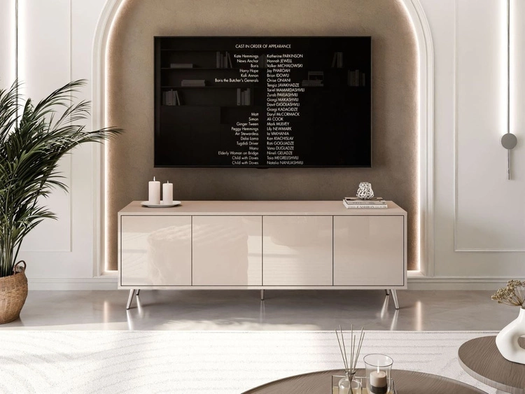 TV-Lowboard mit Türen auf silbernen Füßen Vivance, Kaschmir Hochglanz