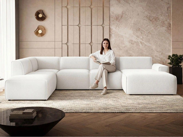Wohnlandschaft Links Belluno Bouclé-Stoff Weiß