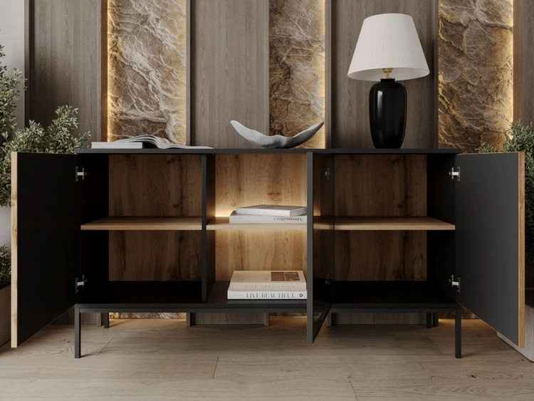 Türkommode mit Led Deo 154 cm Schwarz, Eiche Wotan