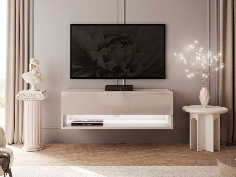 Hänge TV-Schrank 90 cm für Wohnzimmer mit LED-Beleuchtung Aurelie Kaschmir Hochglanz