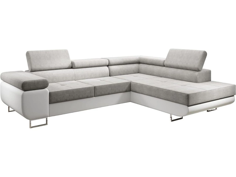 Ecksofa L-Form Rechts mit Schlaffunktion und Bettkasten Solam L Hellgrau, Weiß