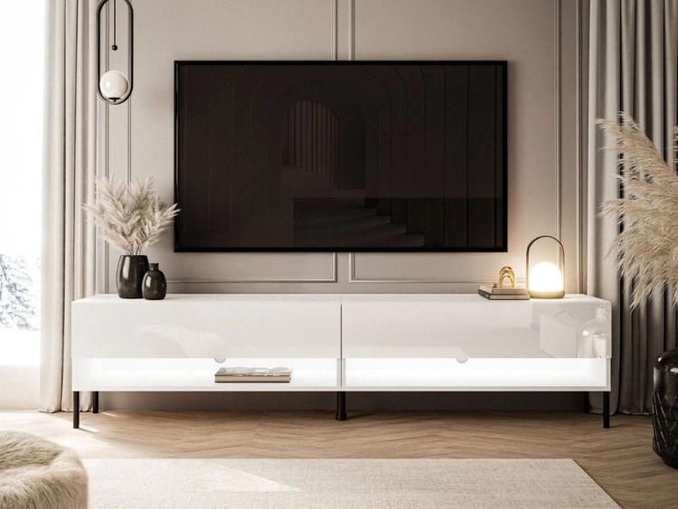 TV-Schrank für das Wohnzimmer 180 cm mit schwarzen Metallbeinen und LED-Beleuchtung Aurelie Weiß Hochglanz