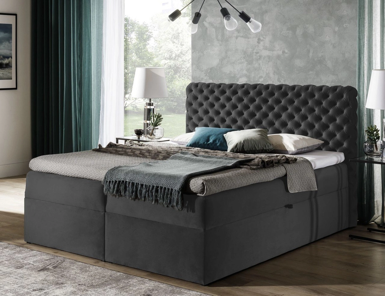 Chesterfield Boxspringbett mit Bettkasten 140x200 Cleo - Dunkelgrau