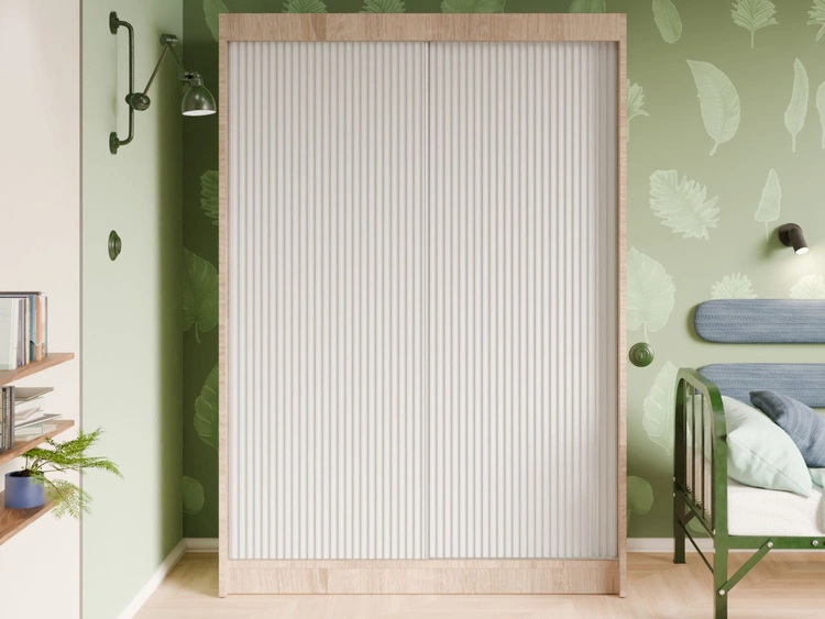 Schiebetürenschrank mit geriffelter Front 150 cm Fano Eiche Sonoma, Weiß