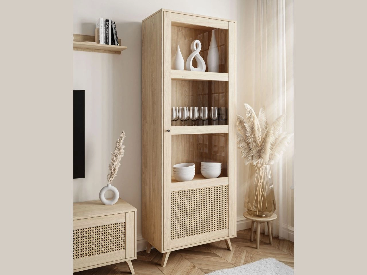 Standvitrine schmale verglasteim Boho-Stil Bellance, Eiche Puccini