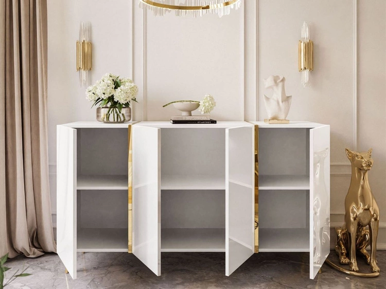 Viertürige Kommode 158 cm Glamour-Stil auf goldfarbenen Metallbeinen Lunelie Weißglanz