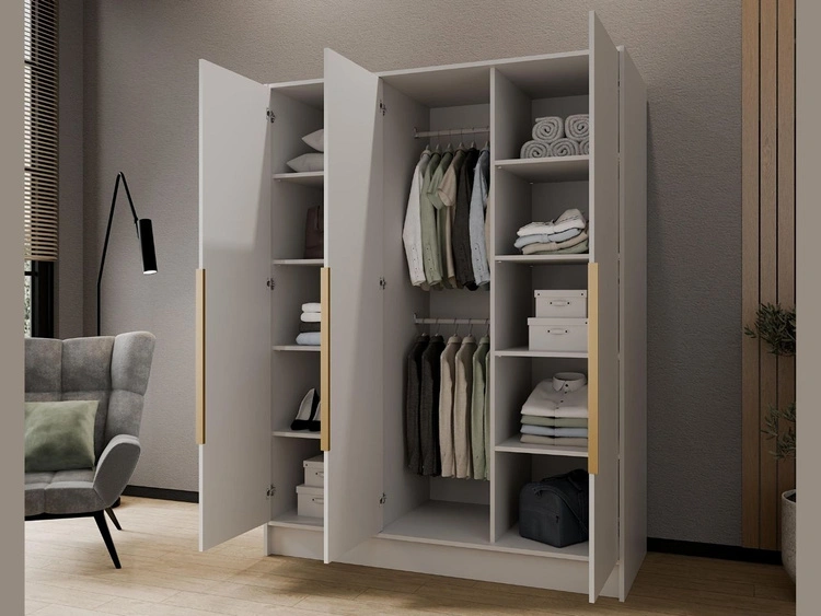 Kleiderschrank mit Spiegel 150 cm Lucca Weiß mit goldenen Griffen