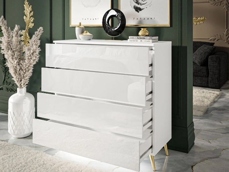 Kommode mit vier Schubladen und LED-Beleuchtung auf Goldenen Metallbeinen Nuveo Weiß Hochglanz