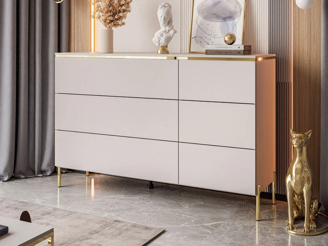 Kommode Glamour mit sechs Schubladen auf goldenen Beinen Evare Kaschmir
