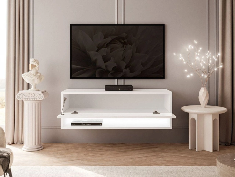 Hänge TV-Schrank 90 cm für Wohnzimmer mit LED-Beleuchtung Aurelie Weiß Hochglanz