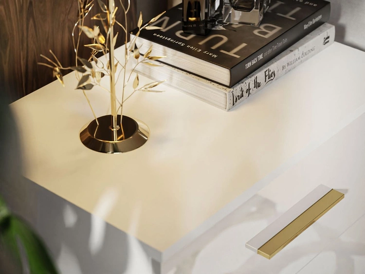 Nachttisch mit Schubladen auf Goldenen Metallbeinen Nuveo Weiß Hochglanz