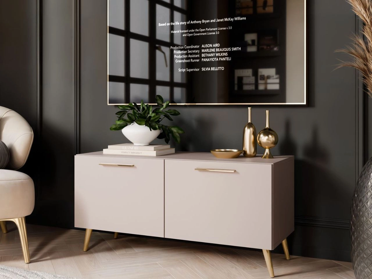 TV-Lowboard mit Türen auf Goldenen Metallbeinen 100 cm Noaé Kaschmir