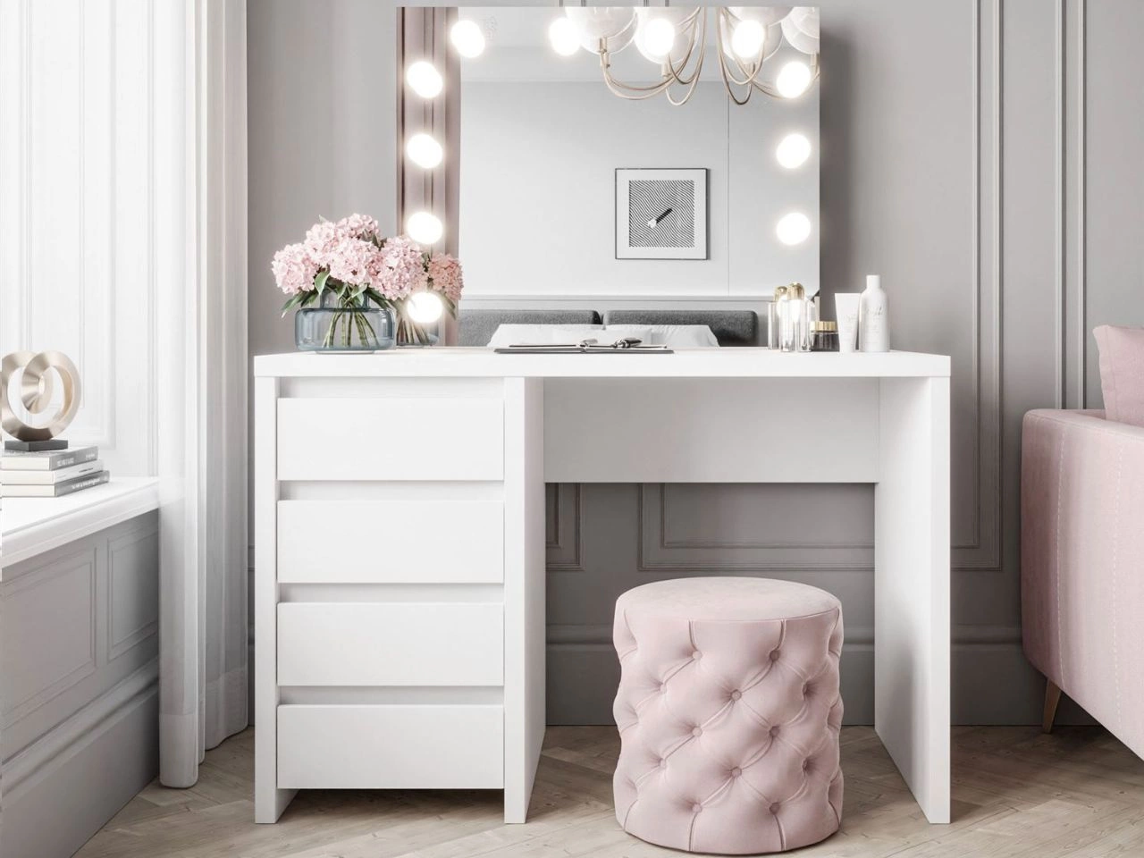 Schminktisch mit Spiegel, Schubladen und LED Nesso Weiß Matt