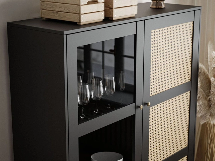 Standvitrine im Boho-Stil Verglaste Bellance, schwarz