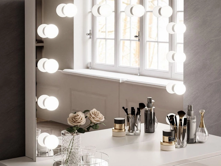 Schminktisch Glamour mit Schubladen, Spiegel und LED-Beleuchtung Brisa Weiß Hochglanz