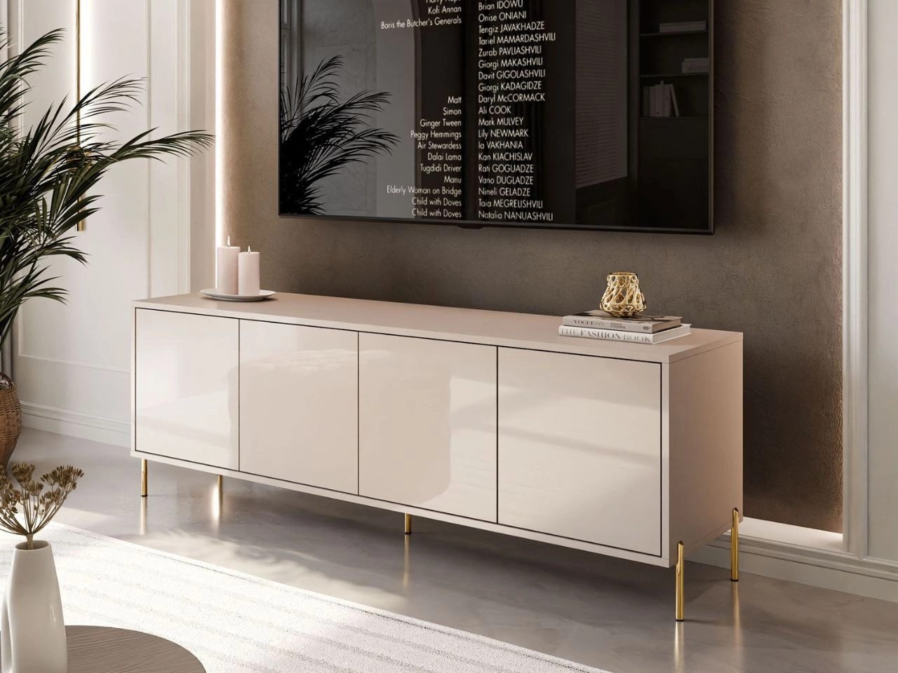 TV-Lowboard im Glamour-Stil mit Türen auf geraden goldenen Füßen Vivance, Kaschmir Hochglanz