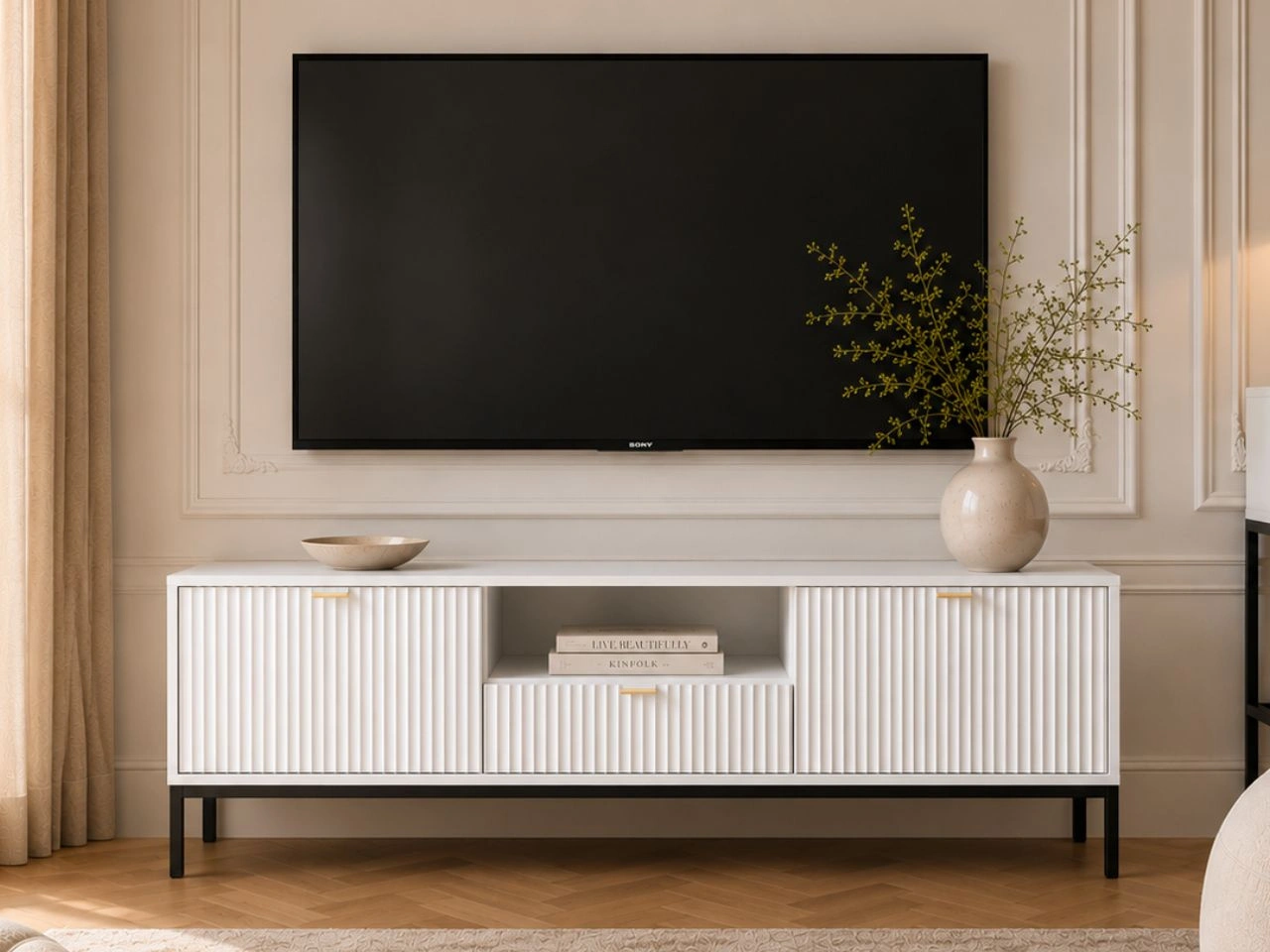 TV-Lowboard mit Schubladen und Türen Amber Weiß, Schwarz Frame