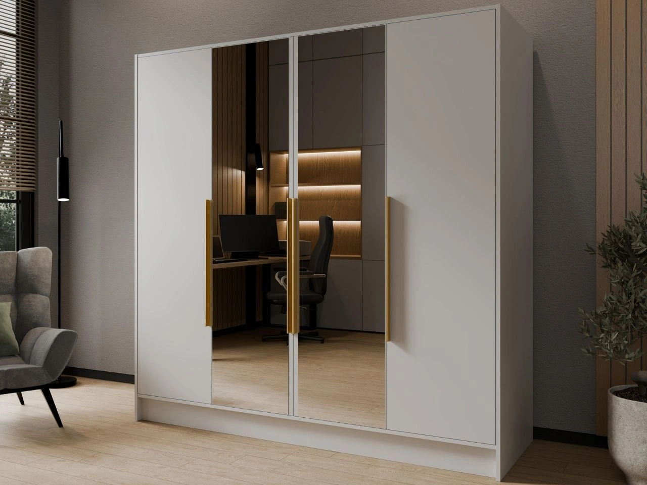 Kleiderschrank mit Spiegel 200 cm Lucca Weiß mit goldenen Griffen