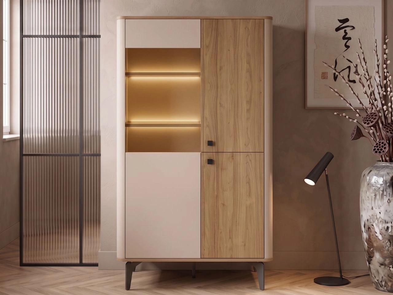 Niedrige Vitrine mit LED-Beleuchtung Arelis Kaschmir, Royal Nussbaum