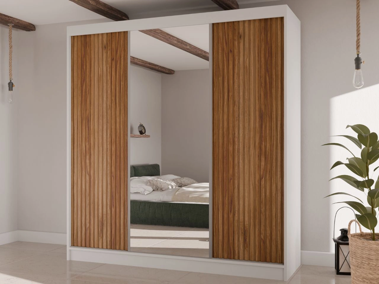 Schiebetürenschrank mit geriffelter Front und Spiegel 200 cm Rivas Weiß, Catania