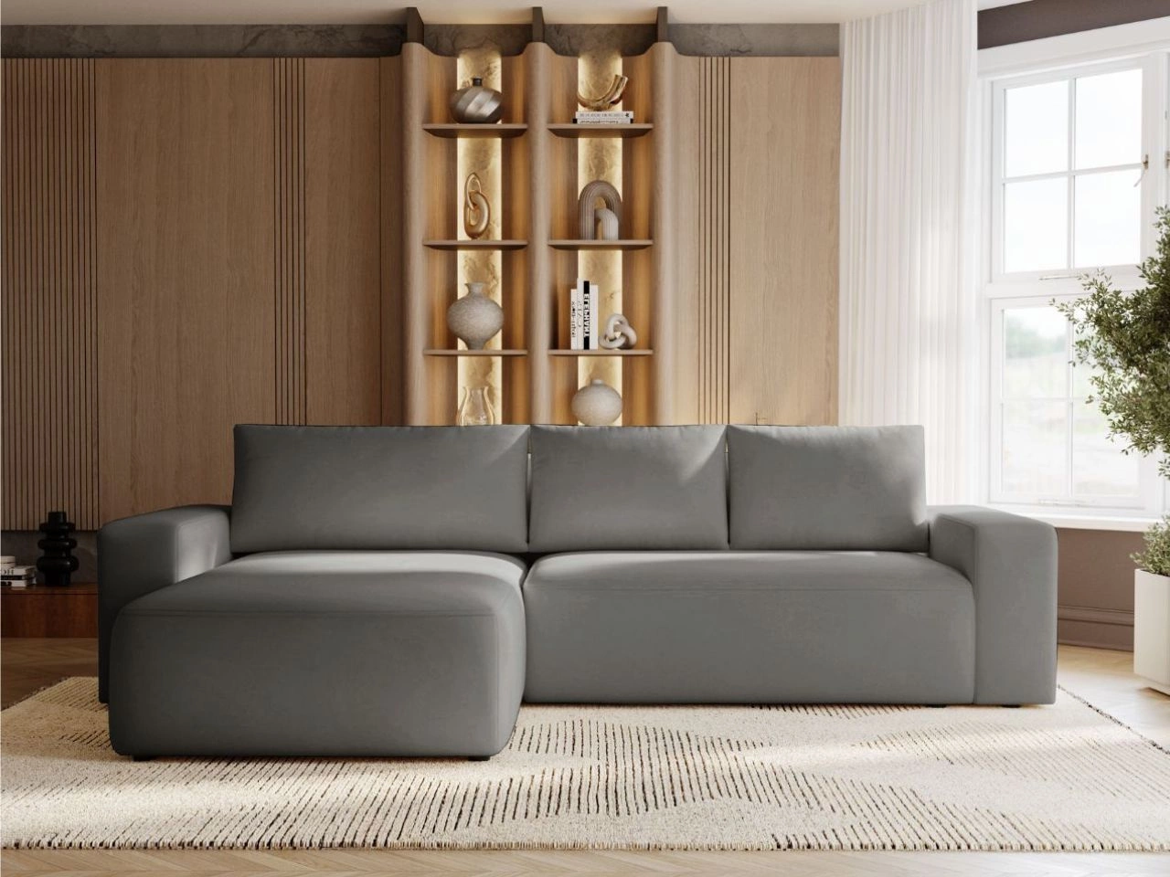 Ecksofa L-Form Links mit Schlaffunktion und Bettkasten Tazones Dunkelgrau