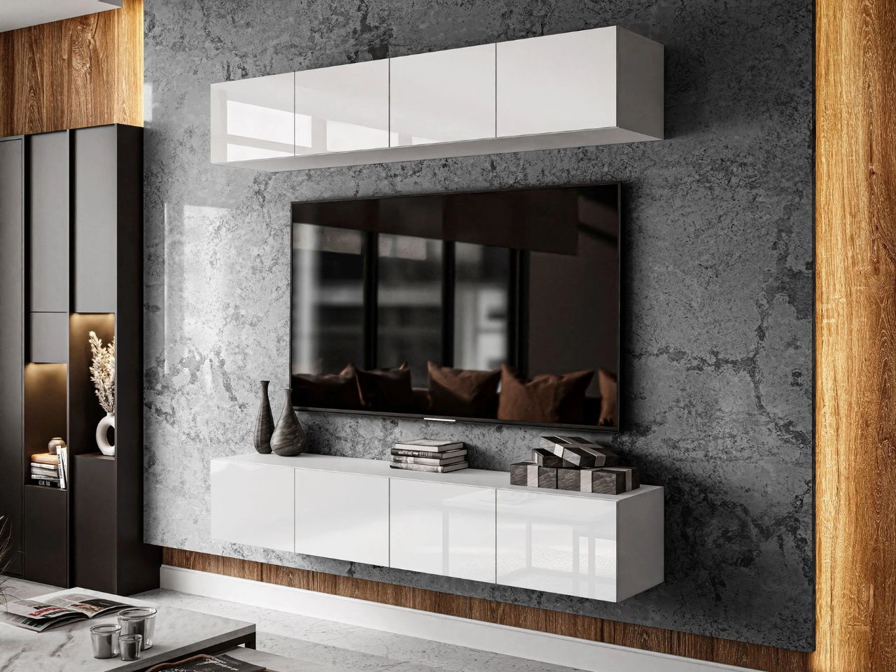 Hängende Wohnwand für das Wohnzimmer Nodoo Weiß Hochglanz
