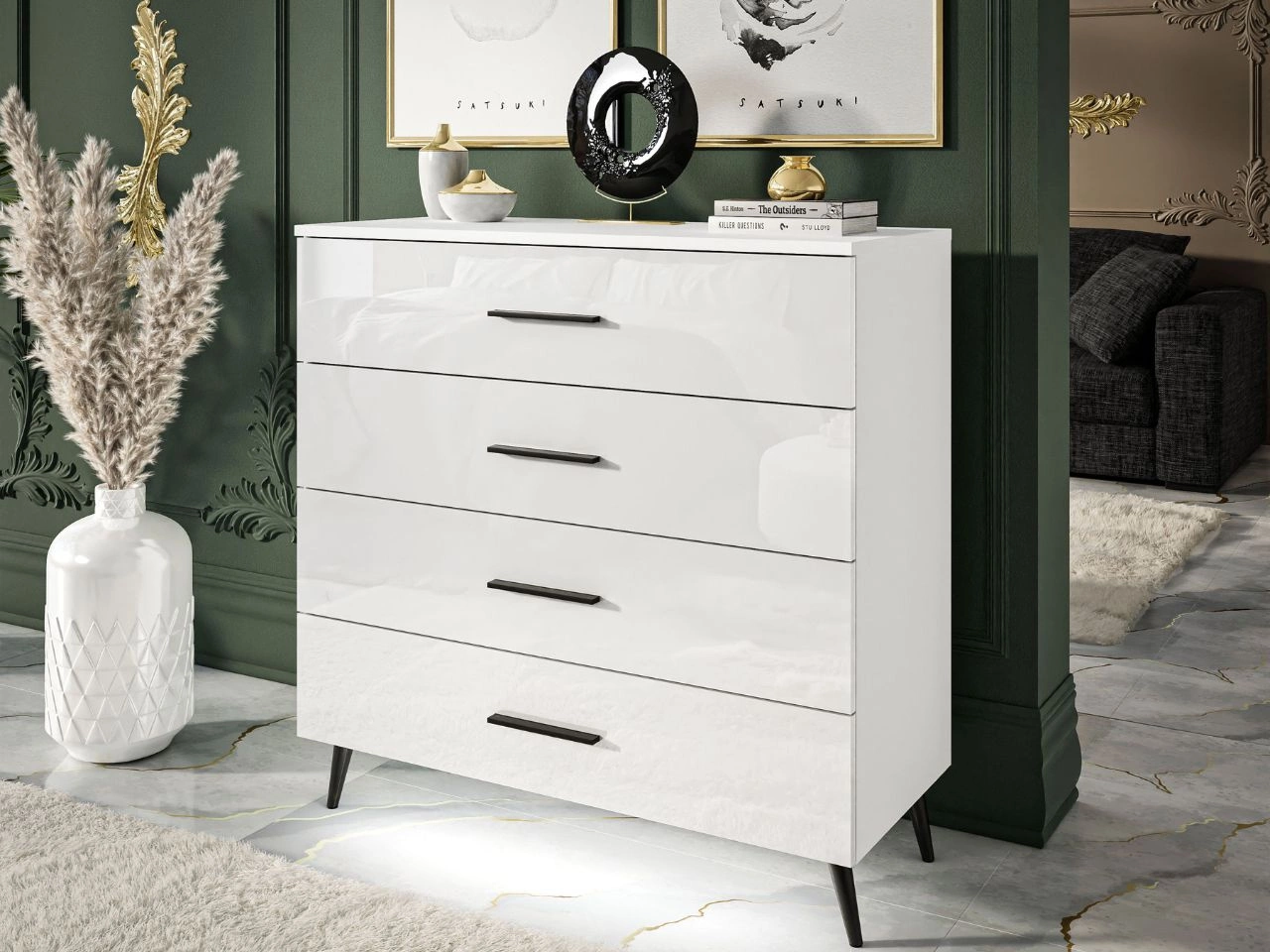 Kommode mit vier Schubladen und LED-Beleuchtung auf Schwarzen Metallbeinen Nuveo Weiß Hochglanz