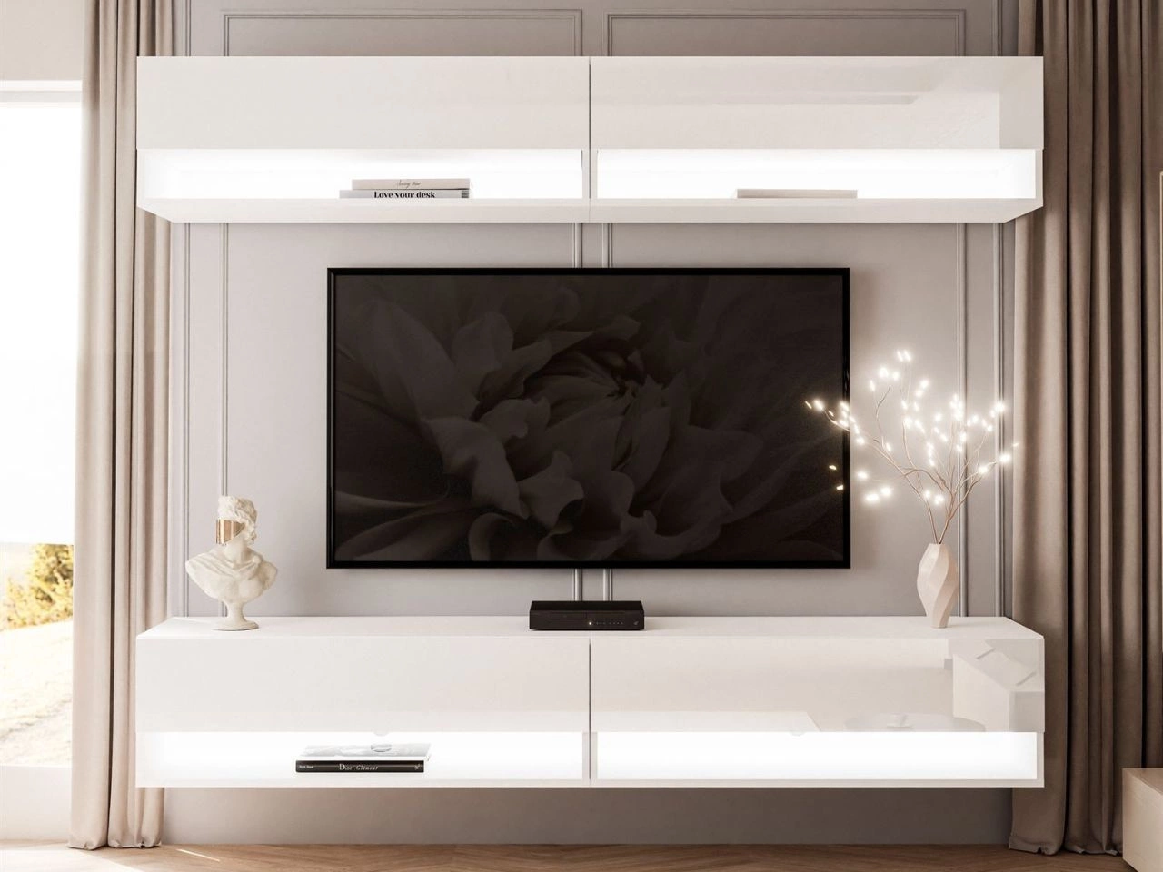 Hängende Wohnwand mit LED-Beleuchtung Aurelie Weiß Hochglanz