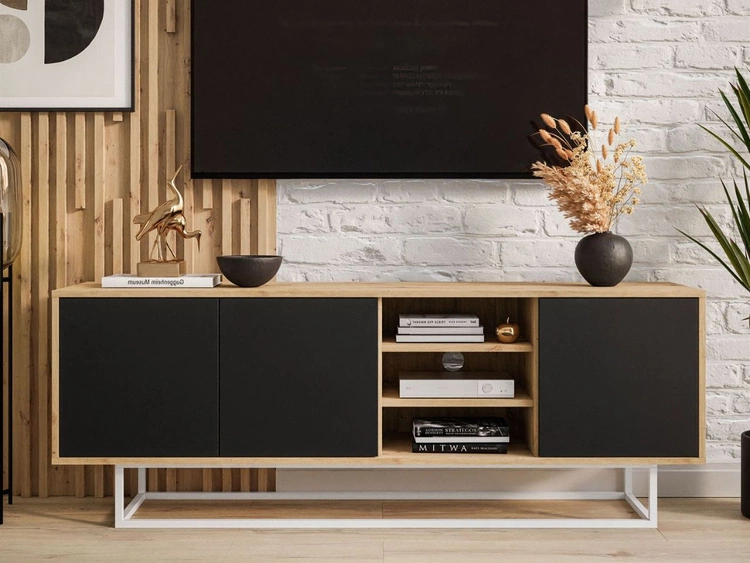 TV-Lowboard mit Türen auf weißem Gestell Vivance Schwarz und Artisan Eiche