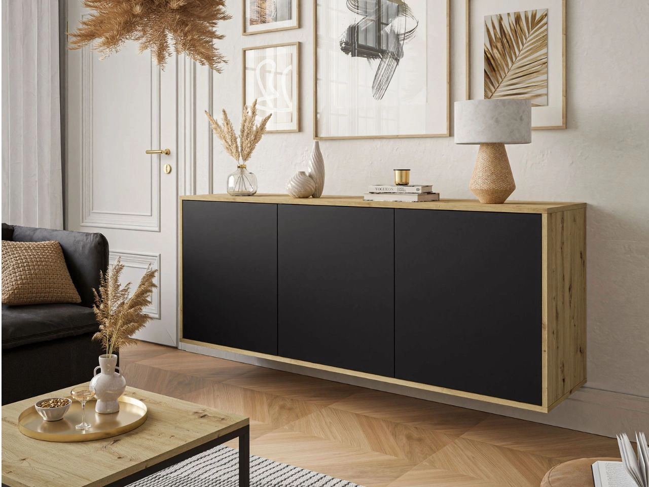 Dreitürige Hängekommode 154 cm im Loft-Stil – Vivance, Weiß matt & Eiche Artisan