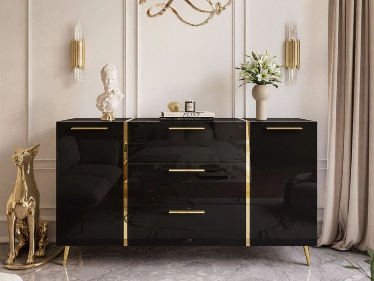 Zweitürige Kommode 158 cm mit drei Schubladen und goldenen Griffen Lunelie Schwarzglanz