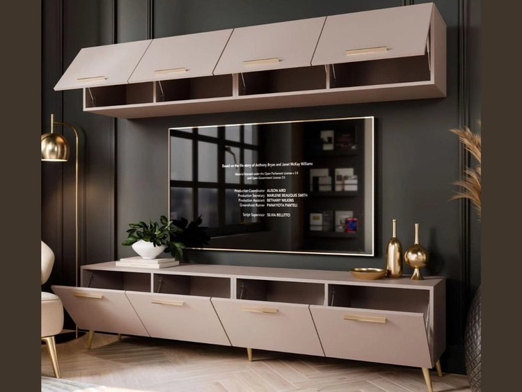 Wohnwand für das Wohnzimmer mit LED-Beleuchtung auf Goldenen Metallbeinen Noaé Kaschmir