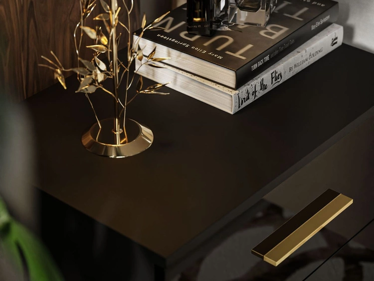 Nachttisch mit Schubladen auf Schwarz-Goldenen Metallbeinen Nuveo Schwarz Hochglanz