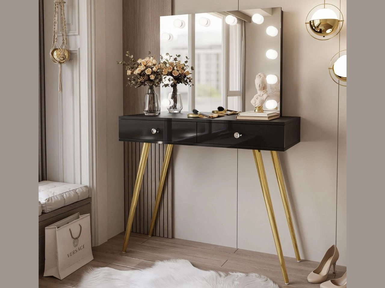 Schminktisch im Glamour-Stil mit Schubladen, Kristallgriffen und LED-Beleuchtung Olivine Elite Schwarz Hochglanz