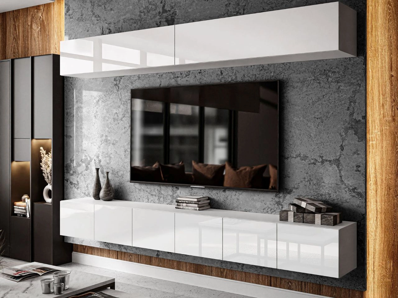 Hängende Wohnwand für das Wohnzimmer  Nodoo Weiß Hochglanz