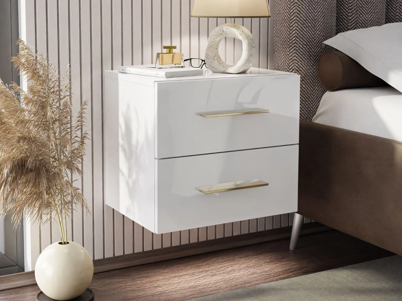 Hängender Nachttisch mit zwei Schubladen Nuveo Lux Weiß Hochglanz
