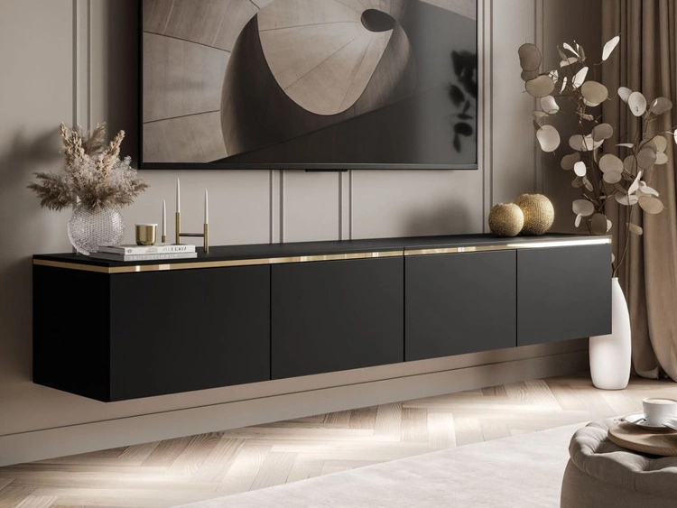 TV-Schrank zum Hängen im Glamour-Stil mit LED-Beleuchtung Celle Schwarz Matt