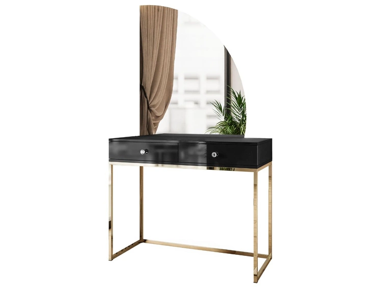 Kosmetiktisch rechtsseitig mit Schubladen und LED-Beleuchtung auf goldenen Beinen Clarette Schwarz Hochglanz