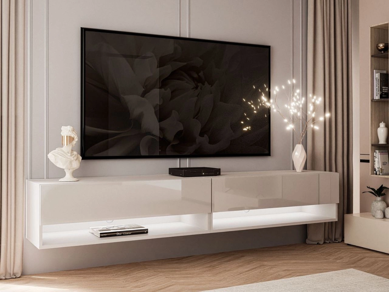 Hänge TV-Schrank 180 cm für Wohnzimmer mit LED-Beleuchtung Aurelie Kaschmir Hochglanz