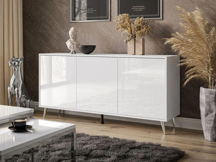 Dreitürige Kommode 154 cm Glamour-Stil auf silberfarbenen Metallbeinen Vivance Weißglanz