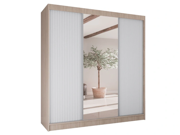 Schiebetürenschrank mit geriffelter Front und Spiegel 200 cm Rivas Eiche Sonoma, Weiß