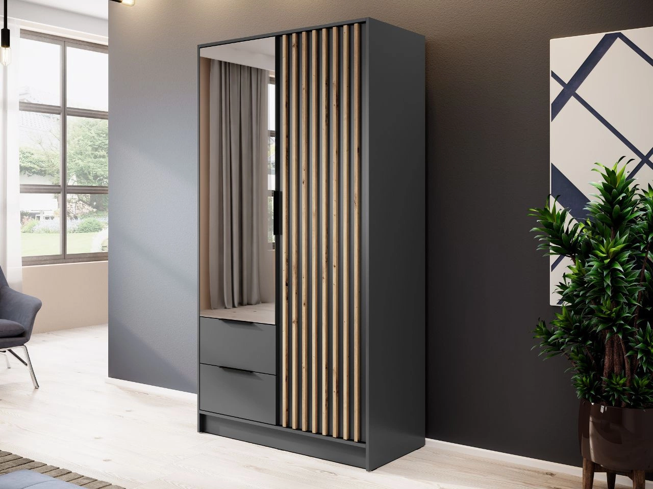 Kleiderschrank mit Spiegel 105 cm Macron Graphit, Artisan Eiche