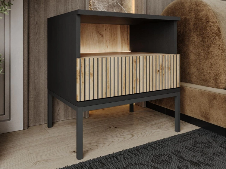 Nachtschrank mit Schublade und Led Deo Schwarz, Eiche Wotan