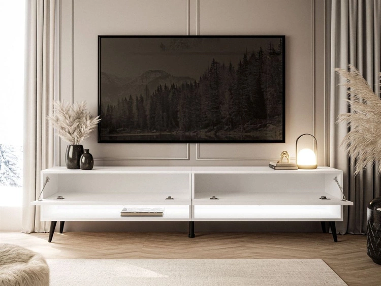 TV-Schrank für das Wohnzimmer 180 cm mit schwarzen Beinen und LED-Beleuchtung Aurelie Weiß Hochglanz