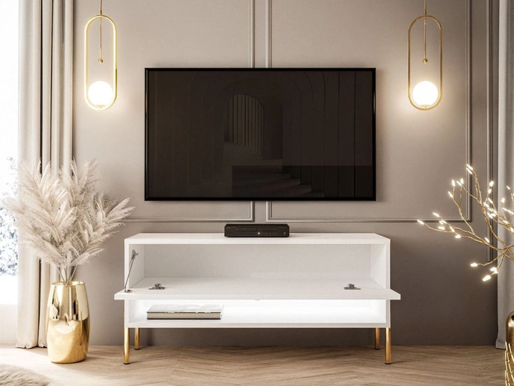 TV-Schrank 90 cm mit LED-Beleuchtung und goldenen Metallbeinen Aurelie Weiß Hochglanz