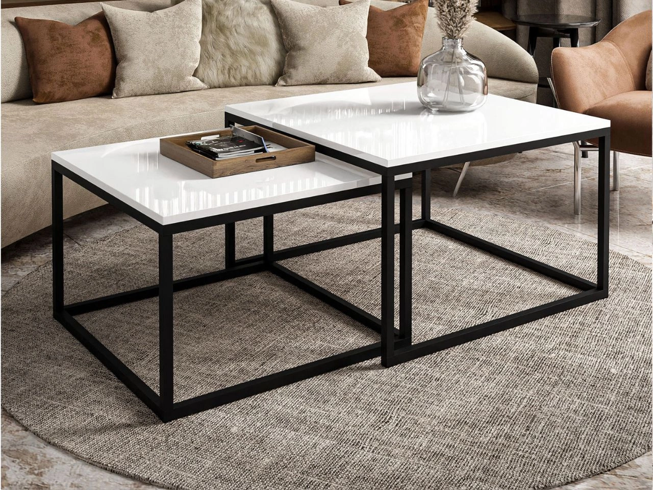 Couchtisch auf schwarzem Gestell Asumi Weiß Hochglanz 40x46