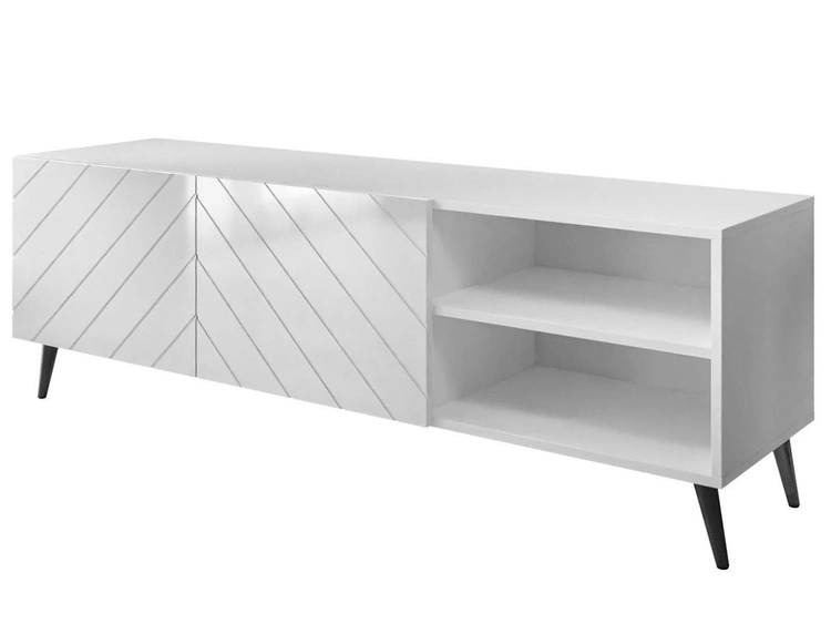 TV-Schrank mit gefrästen Fronten und schwarzen Metallbeinen Vionel Weiß glänzend