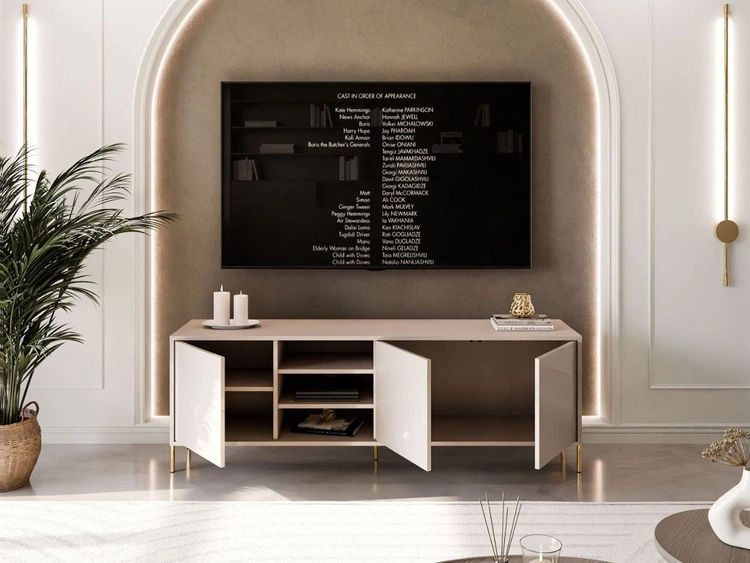 TV-Lowboard im Glamour-Stil mit Türen auf geraden goldenen Füßen Vivance, Kaschmir Hochglanz