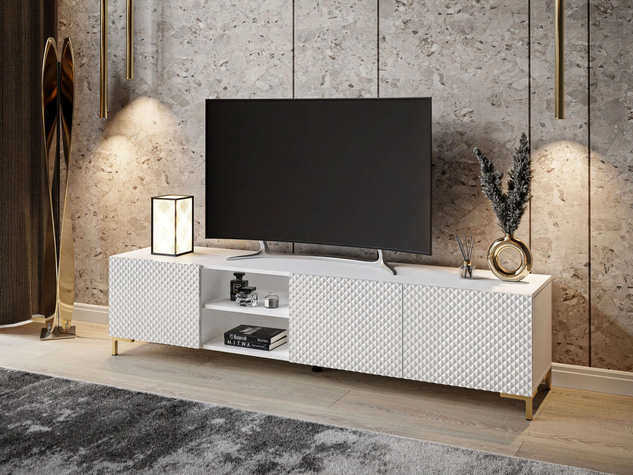 TV-Schrank mit goldenen Kunststoffbeinen und 3D-gefrästen Fronten Celiane Weiß Glanz