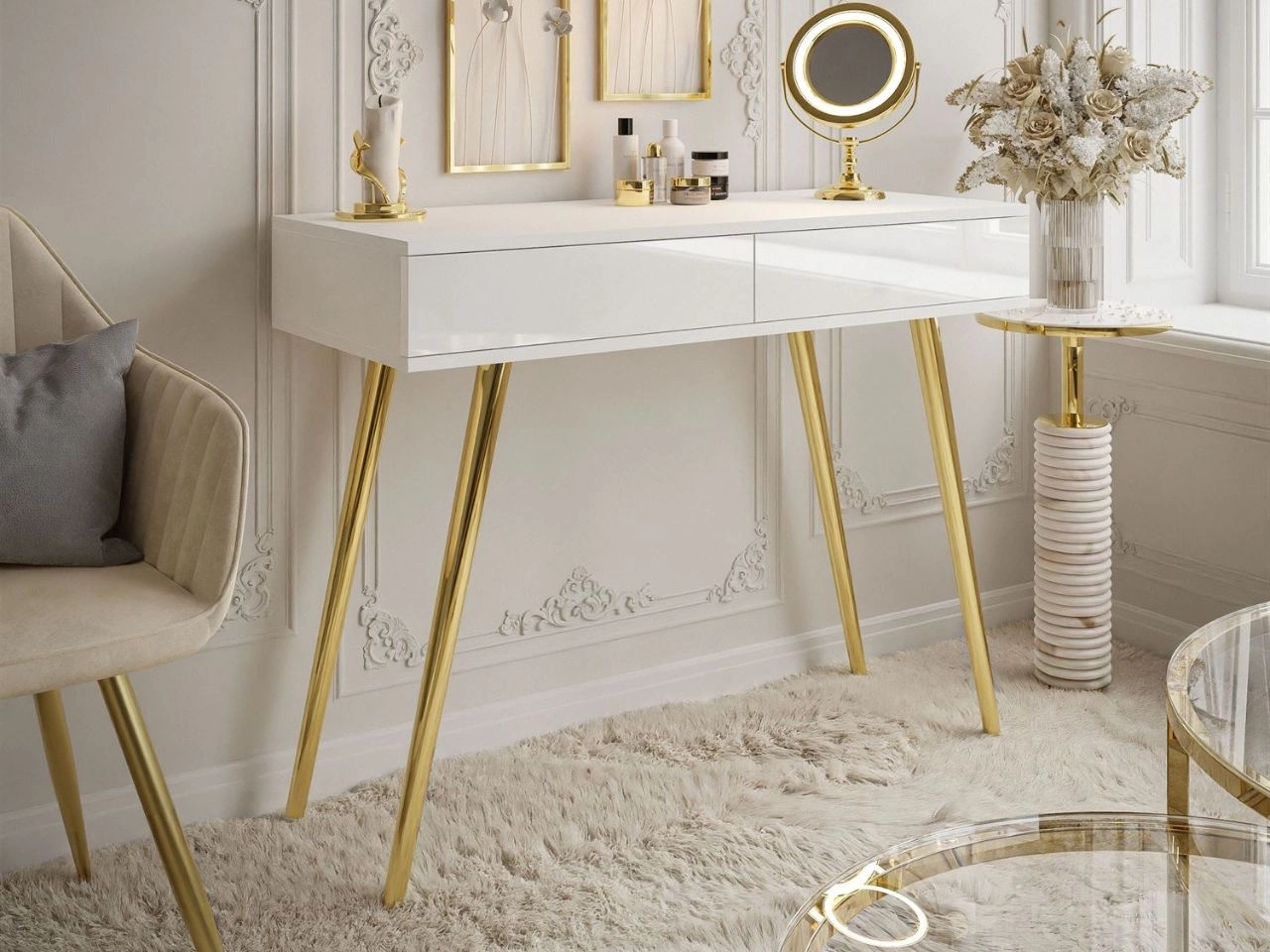 Konsolentisch mit Schubladen und goldenen Beinen Olivine Weiß Hochglanz